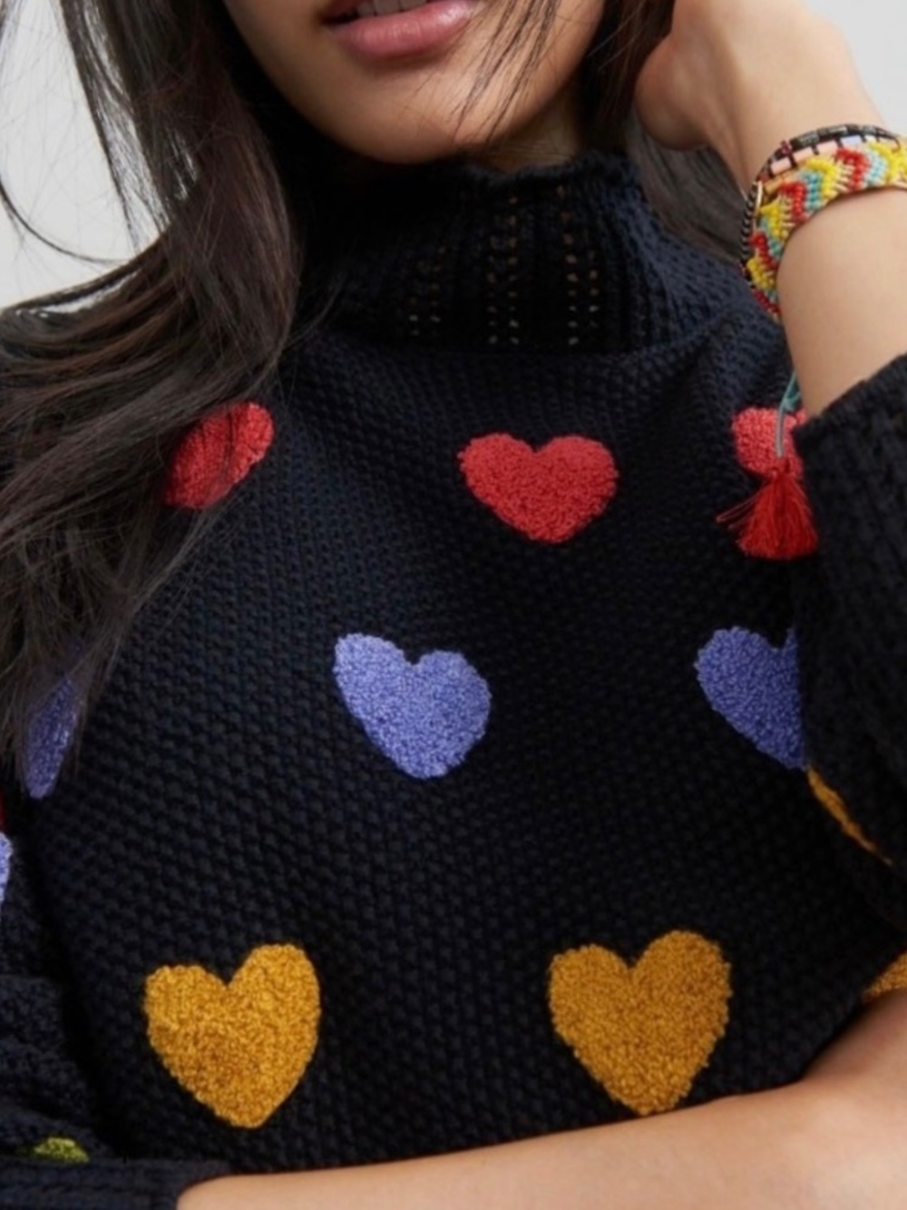 Anthropologie Sz S Black Multicolor Heart Sweater Mock Neck ChunkyKnit100%Cotton